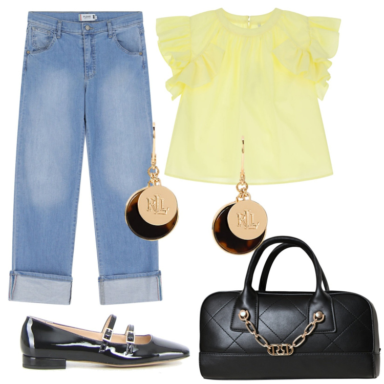 Outfit donna - Denim e blusa. Stile Casual chic per Ufficio. Abbinamento con borse a mano, jeans dritti, bluse, orecchini, ballerine.