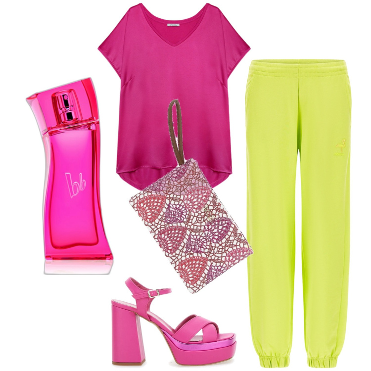 Outfit donna - Total look #2223479. Stile Casual per Serata fuori. Abbinamento con profumi, pantaloni, t-shirt, sandali col tacco, pochette.