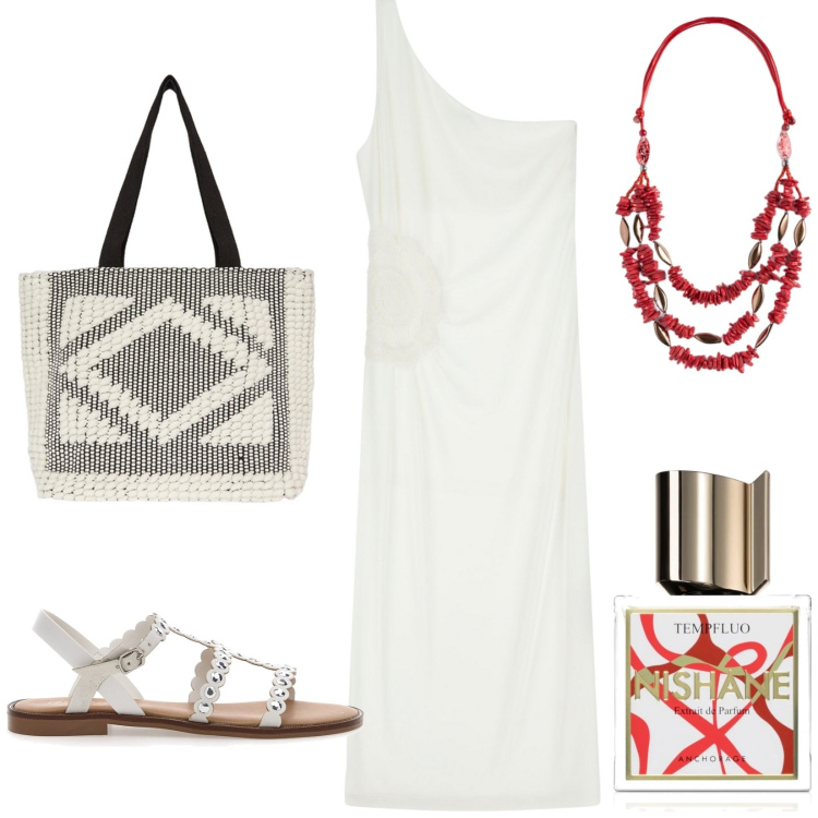 Outfit donna - Total look #2223480. Stile Etnico per Tutti i giorni. Abbinamento con profumi, vestiti asimmetrici, sandali, shopping bag, collane.