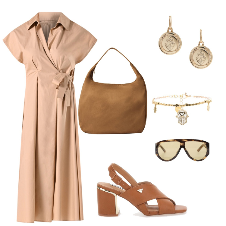Outfit donna - Commissioni del mattino. Stile Casual chic per Tutti i giorni. Abbinamento con borse a mano, vestiti chemisier, occhiali da sole, braccialetti, orecchini, sandali col tacco.