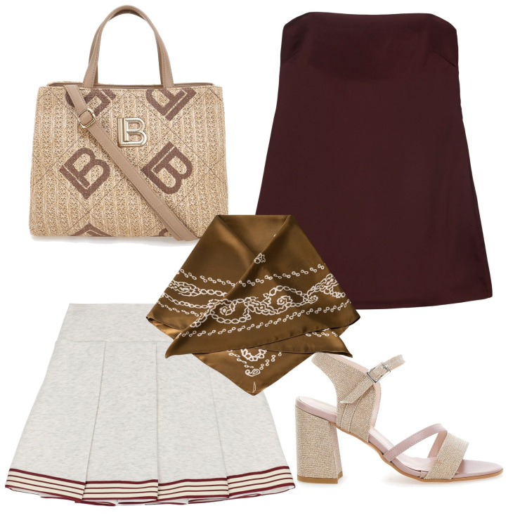 Outfit donna - La gonnellina. Stile Trendy per Tutti i giorni. Abbinamento con minigonne, top, sandali col tacco, borse a tracolla, foulard.