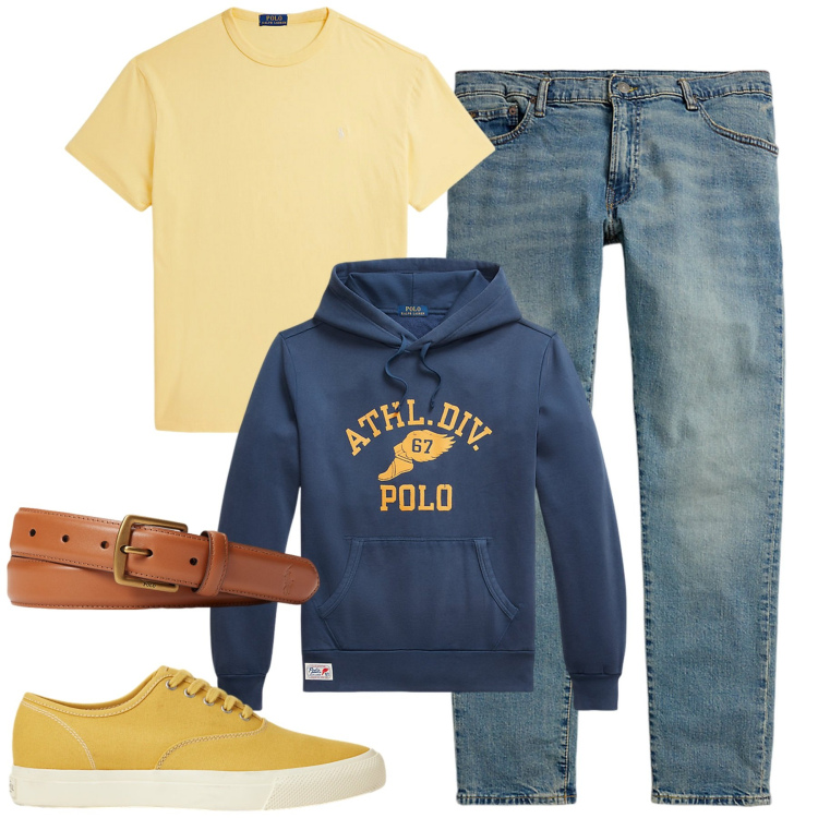 Outfit uomo - Agosto. Stile Casual per Tutti i giorni. Abbinamento con cinture, felpe, t-shirt, jeans, sneakers.