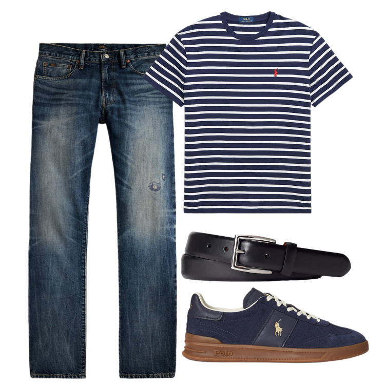 Outfit uomo - A righe. Stile Casual per Tutti i giorni. Abbinamento con cinture, t-shirt, sneakers, jeans dritti.