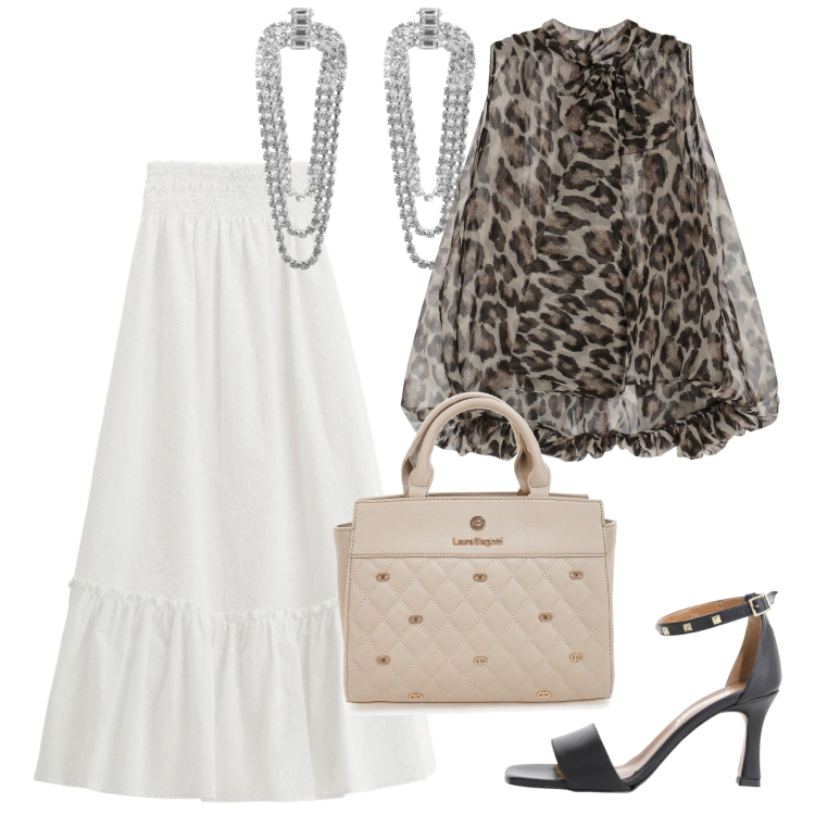 Outfit donna - Una serata fuori. Stile Casual chic per Serata fuori. Abbinamento con orecchini, gonne lunghe, sandali col tacco, camicie, borse a mano.