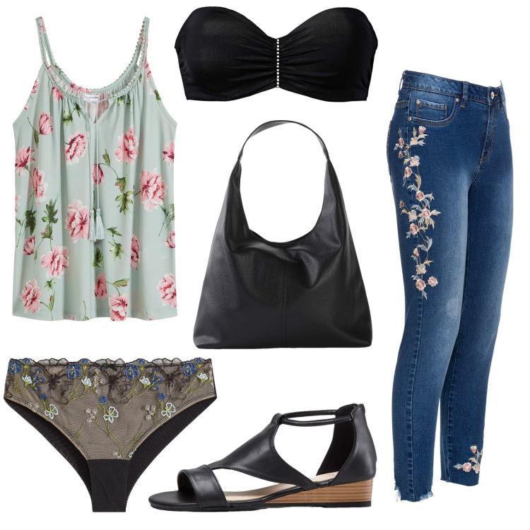 Outfit donna - Total look #2223503. Stile Casual per Tutti i giorni. Abbinamento con jeans, sandali, culotte, reggiseni, top, shopping bag.
