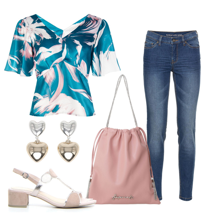Outfit donna - Blu e rosa delicato. Stile Casual chic per Tutti i giorni. Abbinamento con jeans skinny, orecchini, bluse, borse a secchiello, sandali col tacco.
