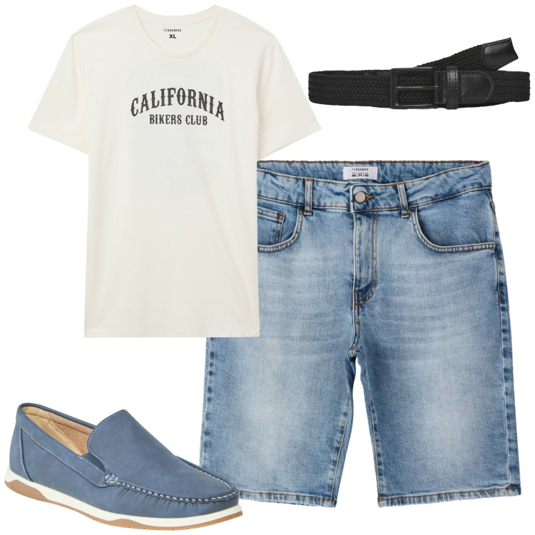 Outfit uomo - Agosto. Stile Casual per Tutti i giorni. Abbinamento con scarpe stringate, t-shirt, bermuda, cinture.