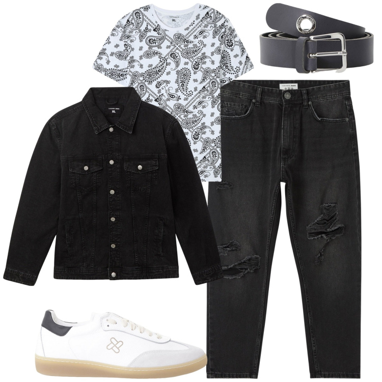 Outfit uomo - Sera con gli amici. Stile Casual per Serata speciale. Abbinamento con jeans strappati, t-shirt, giacche, sneakers, cinture.