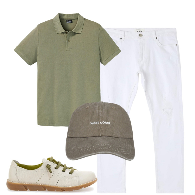 Outfit uomo - Agosto. Stile Casual per Tutti i giorni. Abbinamento con polo, jeans strappati, cappelli, sneakers.