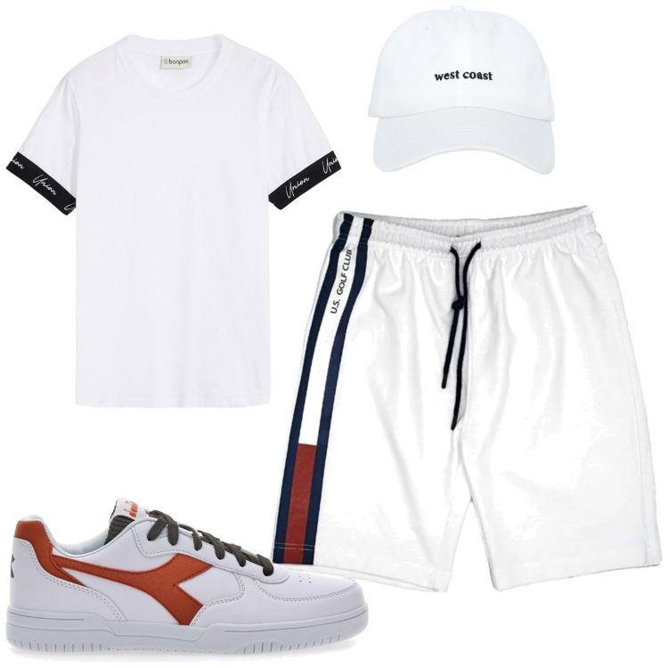 Outfit uomo - Sporty. Stile Casual per Tutti i giorni. Abbinamento con t-shirt, cappelli, sneakers, pantaloni corti.