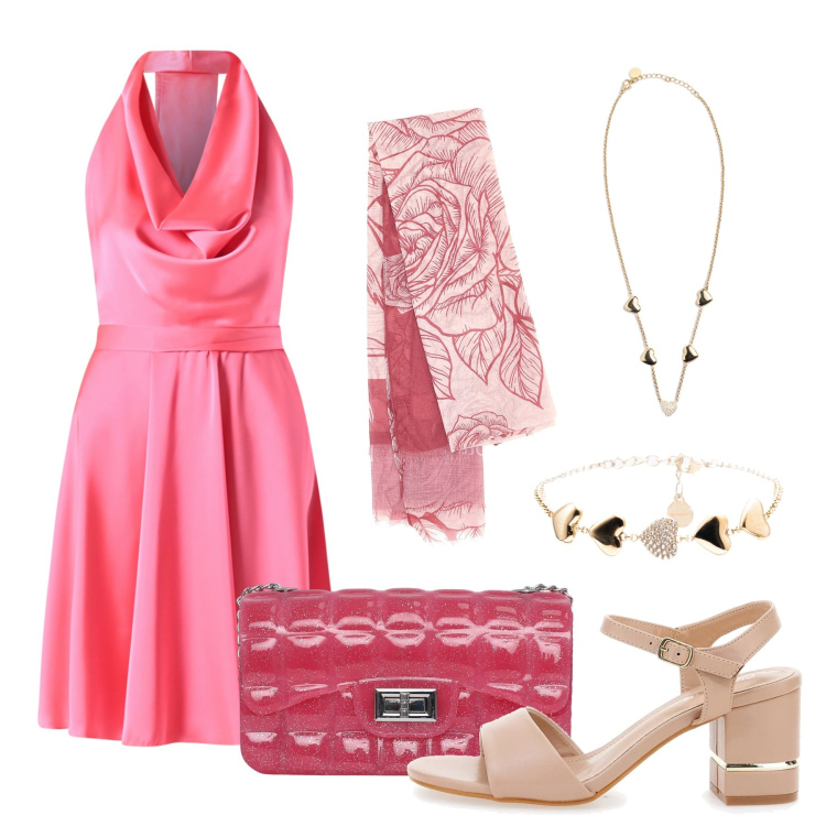 Outfit donna - Rosa shocking. Stile Chic per Tutti i giorni. Abbinamento con borse a tracolla, vestiti corti, braccialetti, collane, sandali col tacco, foulard.