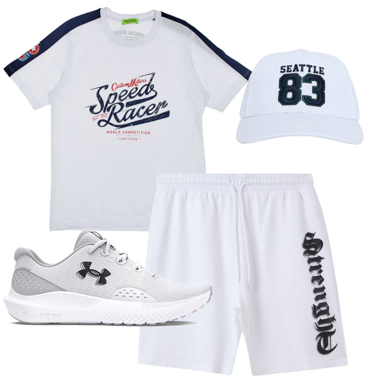 Outfit uomo - Sporty. Stile Casual per Tutti i giorni. Abbinamento con cappelli, bermuda, t-shirt, scarpe sportive.