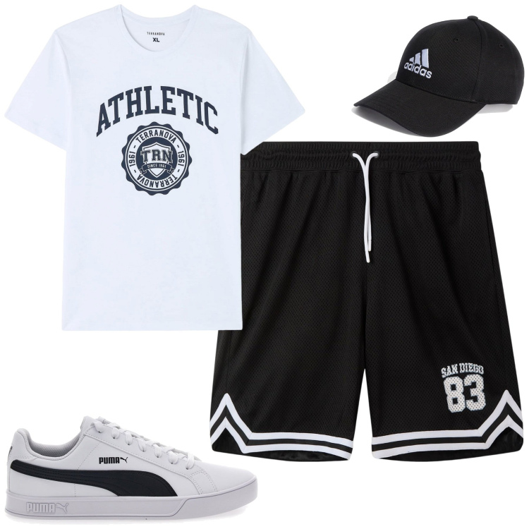 Outfit uomo - Total look #2223526. Stile Casual per Tutti i giorni. Abbinamento con pantaloni corti, t-shirt, pantaloncini sportivi, cappelli con visiera, sneakers.