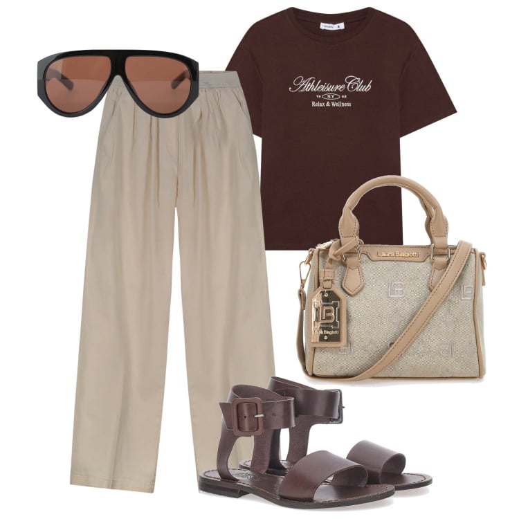 Outfit donna - Rilassata in città. Stile Basic per Tutti i giorni. Abbinamento con t-shirt, occhiali da sole, pantaloni, sandali, borse a tracolla.