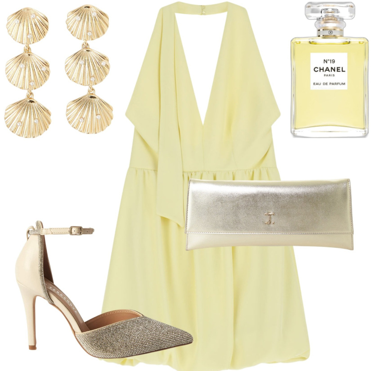 Outfit donna - Ferragosto in oro. Stile Glamour per Serata fuori. Abbinamento con profumi, orecchini, décolleté, vestiti corti, pochette.