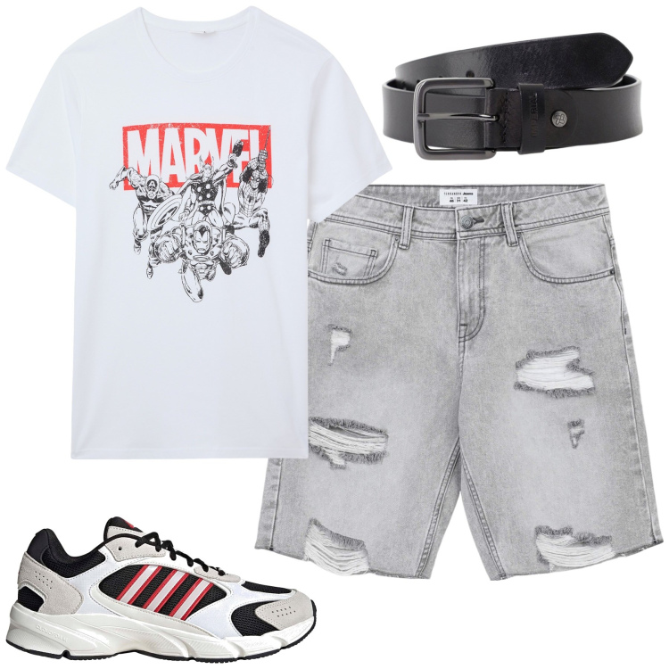 Outfit uomo - Agosto. Stile Casual per Tutti i giorni. Abbinamento con t-shirt, pantaloni corti, cinture, sneakers.