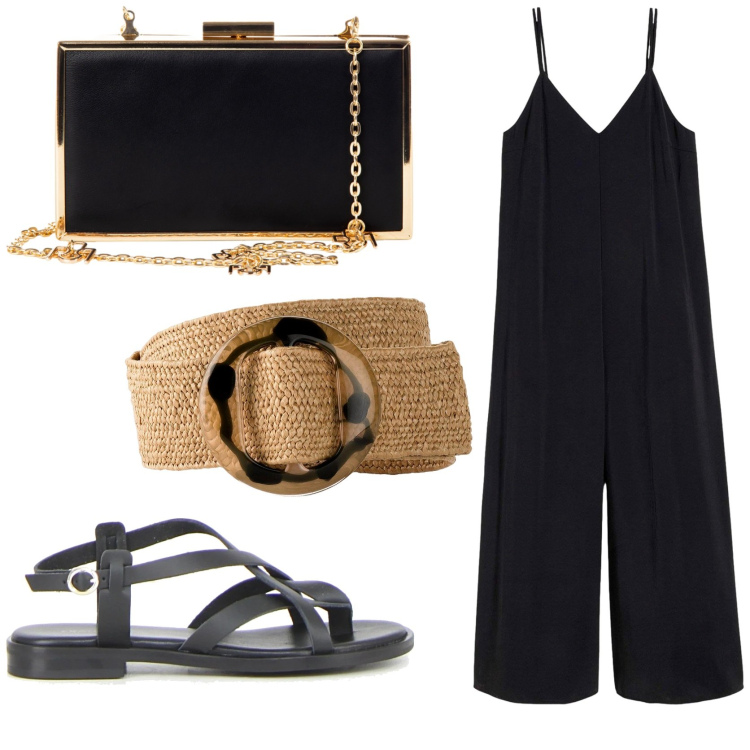 Outfit donna - La tuta versatile. Stile Casual chic per Tutti i giorni. Abbinamento con tute, cinture, pochette, sandali.
