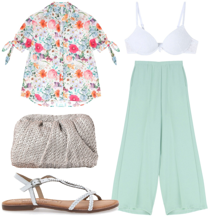 Outfit donna - Total look #2223537. Stile Casual chic per Tutti i giorni. Abbinamento con reggiseni, clutch, camicie a manica corta, pantaloni, sandali in pelle.
