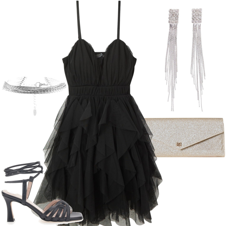 Outfit donna - Serata danzante. Stile Glamour per Serata fuori. Abbinamento con orecchini, vestiti corti, pochette, braccialetti, sandali col tacco.