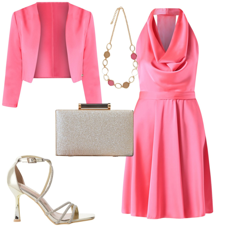 Outfit donna - Cerimonia. Stile Chic per Cerimonia. Abbinamento con clutch, vestiti corti, bolero, sandali col tacco, collane.