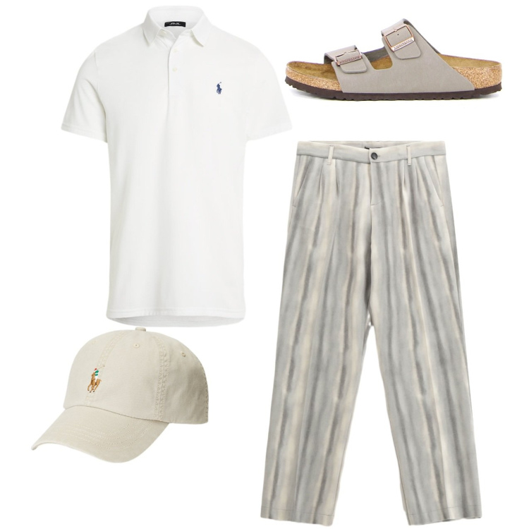 Outfit uomo - Summer city. Stile Casual per Tutti i giorni. Abbinamento con pantaloni, cappelli, polo, sandali.