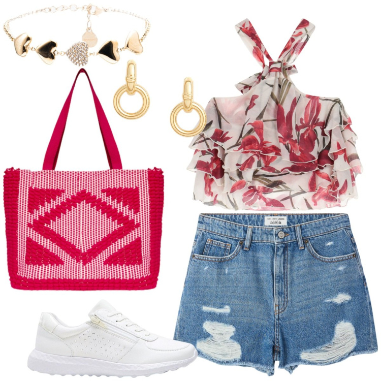 Outfit donna - Denim di giorno. Stile Urban per Tutti i giorni. Abbinamento con sneakers, shorts, canottiere, braccialetti, orecchini, borse a mano.
