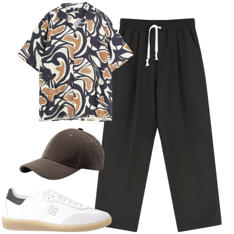 Outfit uomo - Aperitivo. Stile Trendy per Serata speciale. Abbinamento con camicie a manica corta, sneakers, pantaloni, cappelli con visiera.