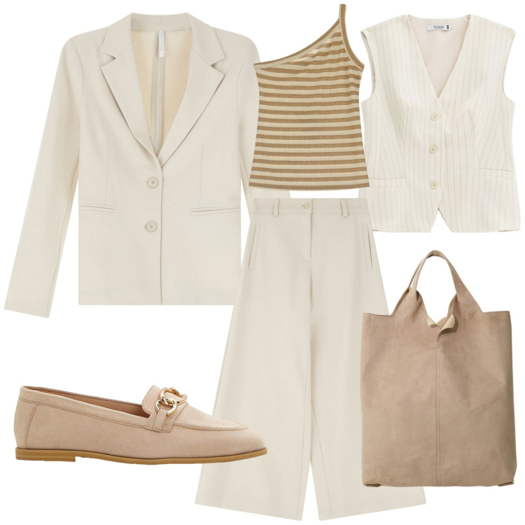 Outfit donna - Tailoring sotto il sole. Stile Minimal per Ufficio. Abbinamento con mocassini, gilet, blazer, pantaloni a palazzo, top, shopping bag.