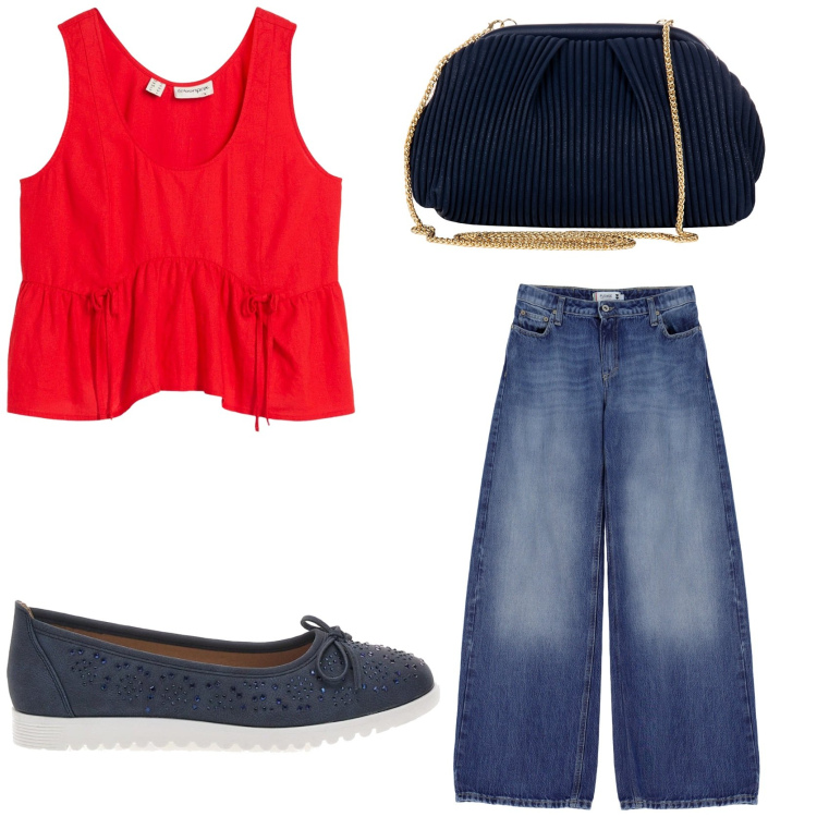 Outfit donna - Young. Stile Casual per Tutti i giorni. Abbinamento con top, pochette, jeans, ballerine.