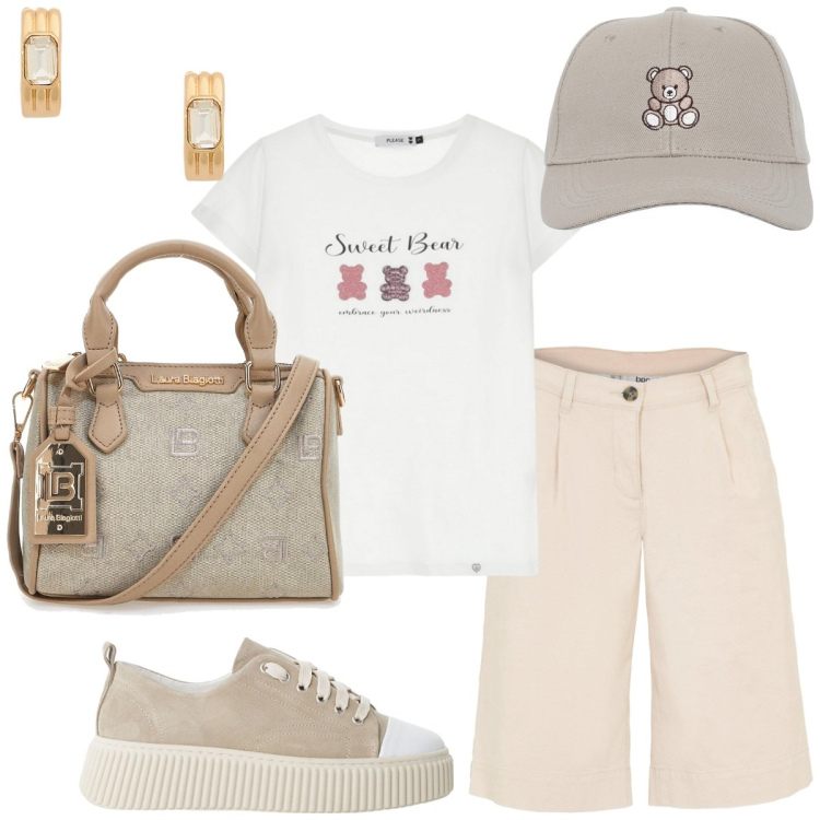 Outfit donna - Sweet girl. Stile Trendy per Tutti i giorni. Abbinamento con shorts, cappelli con visiera, t-shirt, sneakers, orecchini, borse a tracolla.