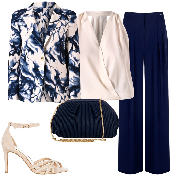 Outfit donna - Classic chic. Stile Chic per Cerimonia. Abbinamento con sandali col tacco, pochette, top, blazer, pantaloni a palazzo.