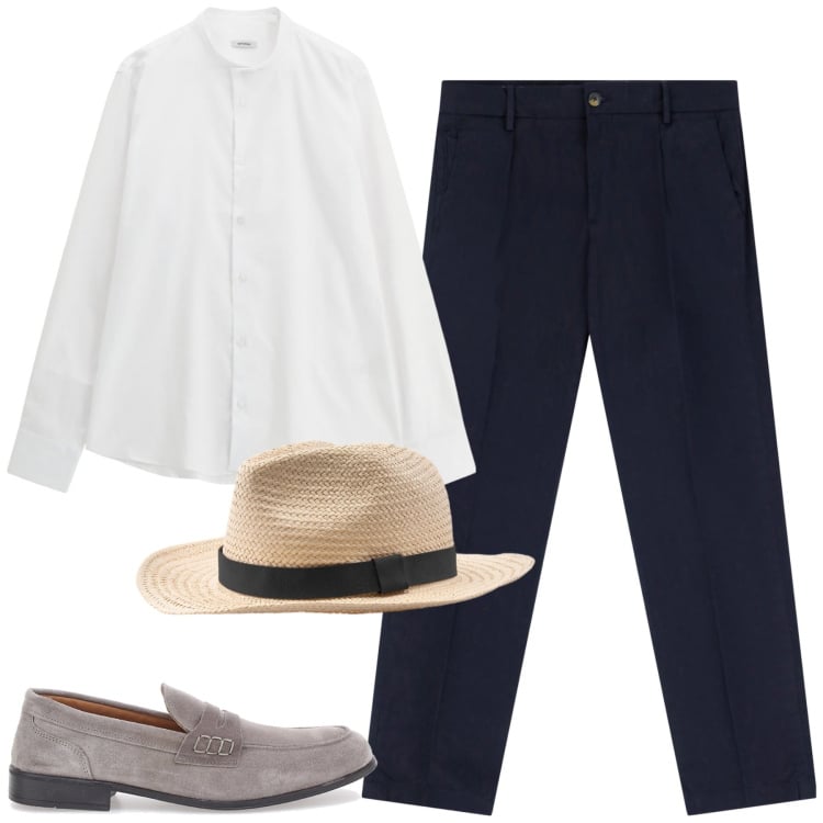Outfit uomo - Passeggiata. Stile Trendy per Serata speciale. Abbinamento con camicie, pantaloni chino, scarpe stringate, cappelli.