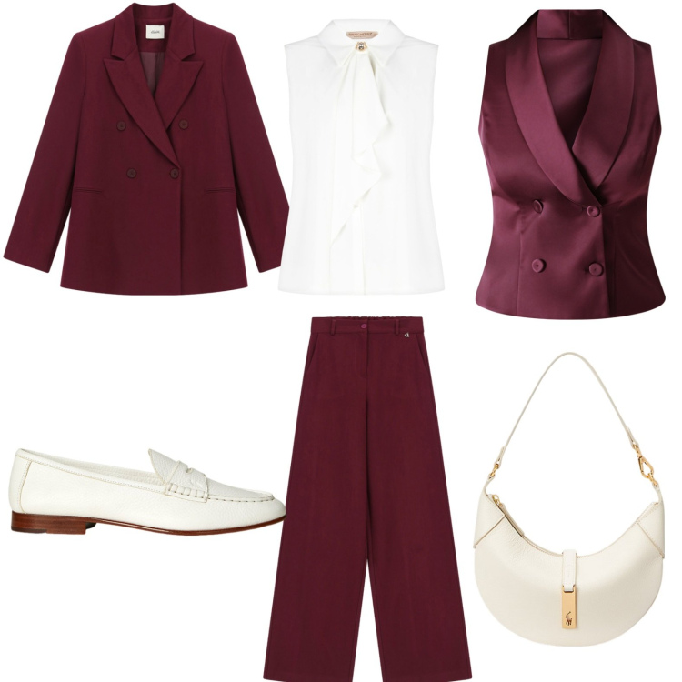 Outfit donna - Tailoring sotto il sole. Stile Glamour per Ufficio. Abbinamento con top, gilet, pantaloni, borse a spalla, mocassini.