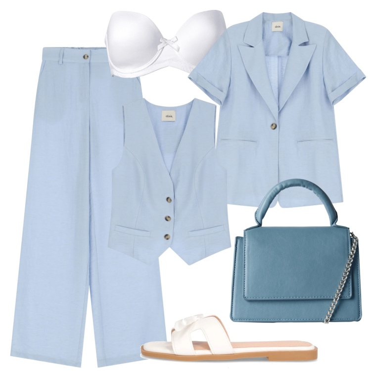 Outfit donna - Completo in misto lino celeste. Stile Casual chic per Tutti i giorni. Abbinamento con reggiseni, borse a tracolla, pantaloni, blazer, gilet, ciabatte.