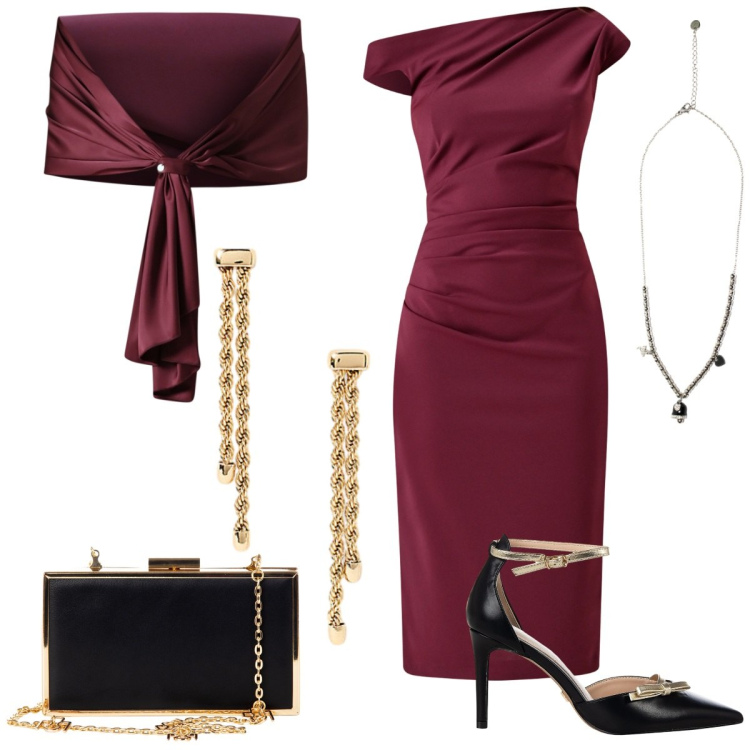 Outfit donna - Eleganza. Stile Sexy per Serata fuori. Abbinamento con vestiti a tubino, scialli, décolleté, pochette, ciondoli, orecchini.
