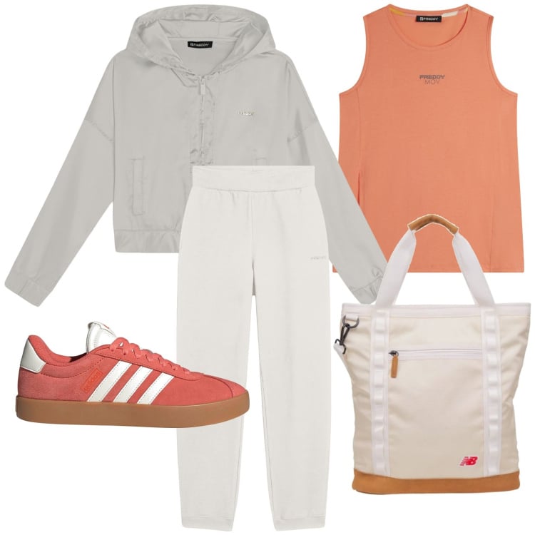 Outfit donna - Sporty chic. Stile Sporty chic per Tutti i giorni. Abbinamento con shopping bag, pantaloni, canottiere, felpe con cappuccio, sneakers.