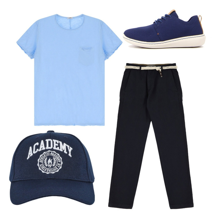Outfit uomo - City. Stile Casual per Tutti i giorni. Abbinamento con pantaloni chino, t-shirt, cappelli con visiera, sneakers.