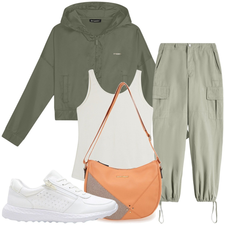 Outfit donna - Sporty chic. Stile Sporty chic per Sport. Abbinamento con sneakers, felpe con cappuccio, pantaloni cargo, top, borse a tracolla.