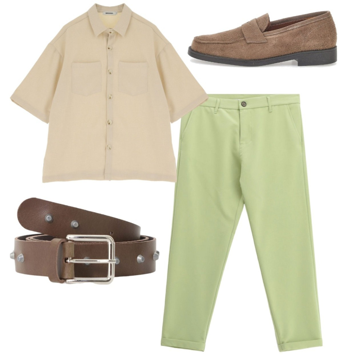 Outfit uomo - City. Stile Casual per Tutti i giorni. Abbinamento con cinture, pantaloni, camicie a manica corta, scarpe stringate.