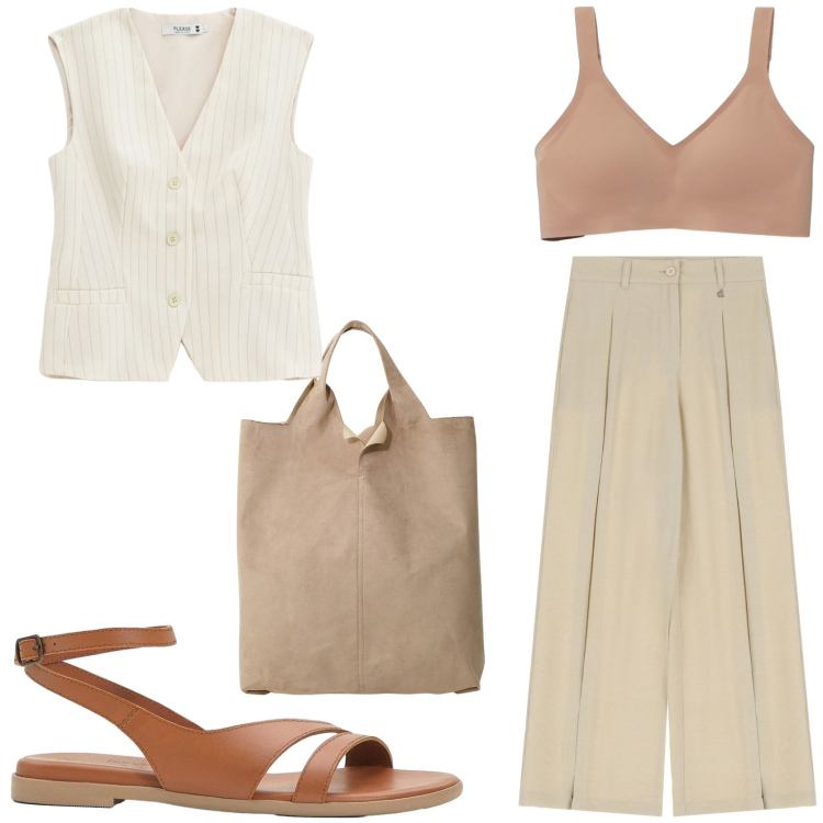 Outfit donna - Raffinato con accessori in cuoio. Stile Chic per Tutti i giorni. Abbinamento con sandali in pelle, bralette, gilet, pantaloni a palazzo, shopping bag.