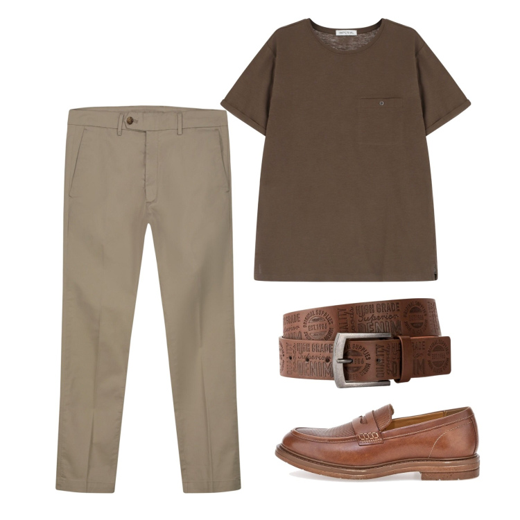 Outfit uomo - Agosto. Stile Casual per Tutti i giorni. Abbinamento con cinture, t-shirt, scarpe stringate, pantaloni chino.