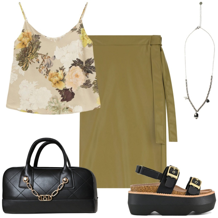 Outfit donna - Set. Stile Trendy per Tutti i giorni. Abbinamento con borse a mano, top, ciondoli, gonne longuette, sandali col tacco.