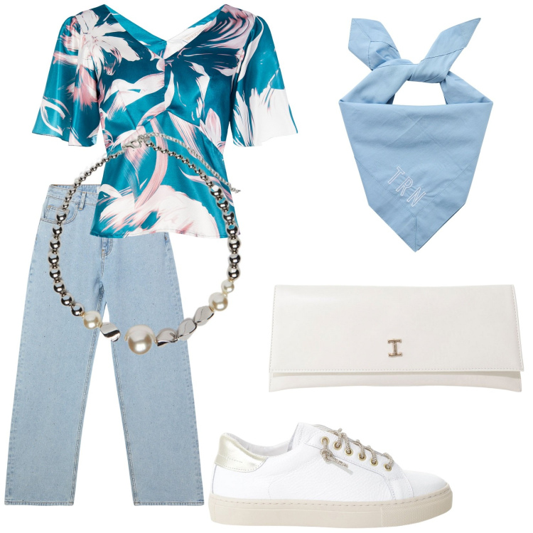 Outfit donna - Urban chic. Stile Trendy per Tutti i giorni. Abbinamento con foulard, jeans, bluse, sneakers, pochette, collane.