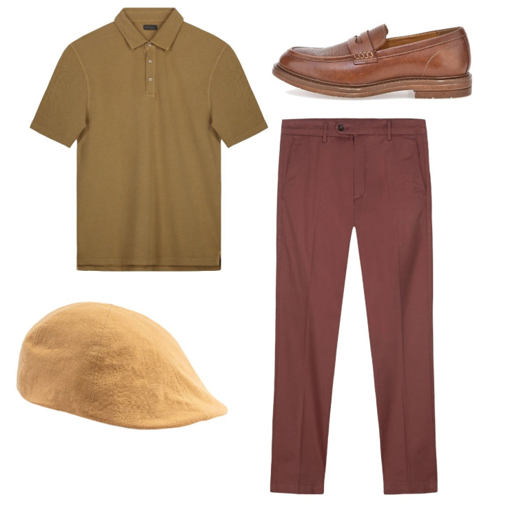 Outfit uomo - City. Stile Casual per Tutti i giorni. Abbinamento con scarpe stringate, pantaloni chino, cappelli con visiera, polo.