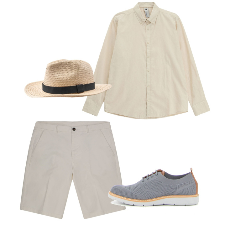 Outfit uomo - Agosto. Stile Casual per Tutti i giorni. Abbinamento con camicie, bermuda, scarpe stringate, cappelli.