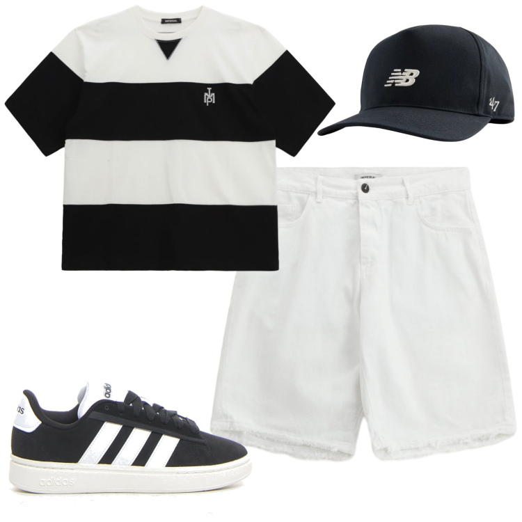 Outfit uomo - Total look #2223588. Stile Casual per Tutti i giorni. Abbinamento con cappelli con visiera, t-shirt, bermuda, sneakers.
