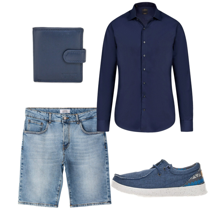 Outfit uomo - Agosto. Stile Casual per Tutti i giorni. Abbinamento con bermuda, portafogli, scarpe stringate, camicie.