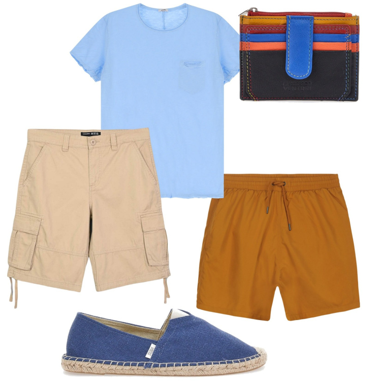 Outfit uomo - Estate. Stile Casual per Mare. Abbinamento con bermuda, t-shirt, portafogli, espadrillas, costumi.
