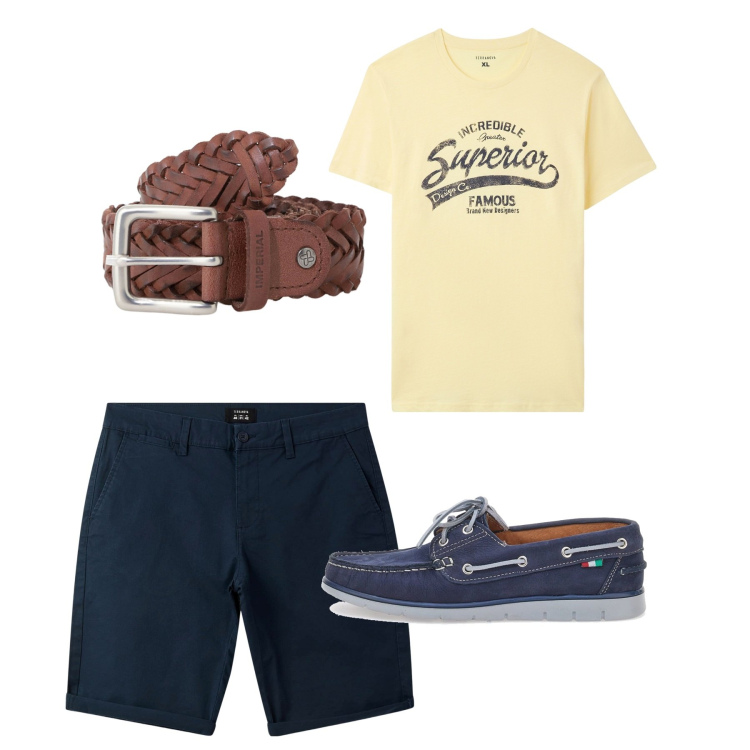 Outfit uomo - Agosto. Stile Casual per Tutti i giorni. Abbinamento con t-shirt, bermuda, cinture, scarpe stringate.