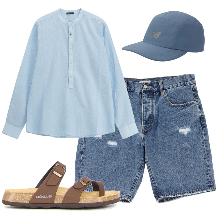 Outfit uomo - Al mare. Stile Casual per Mare. Abbinamento con cappelli con visiera, bermuda, camicie, sandali.